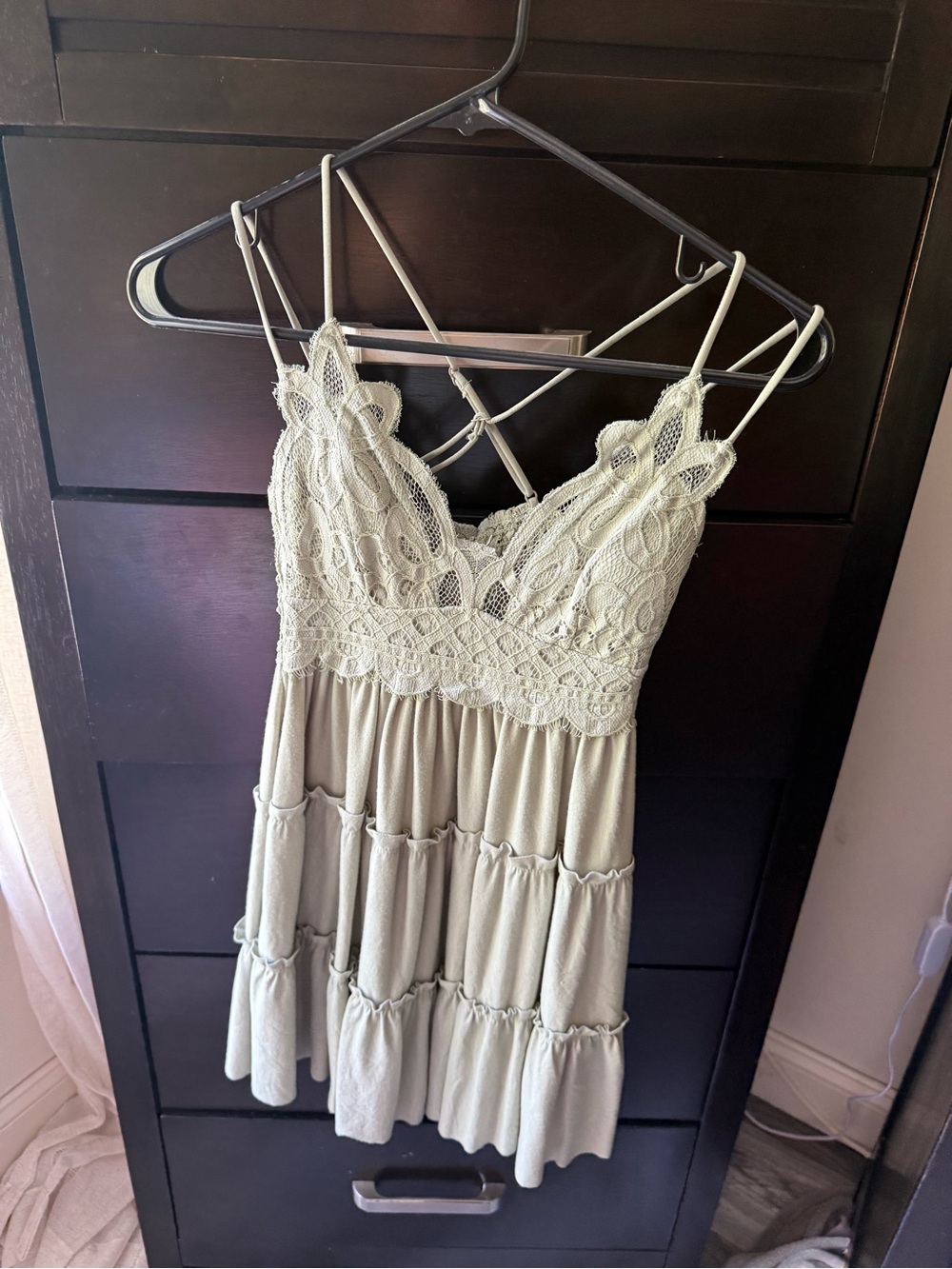 Lace-Detail Spaghetti Strap Mini Dress in Light Sage